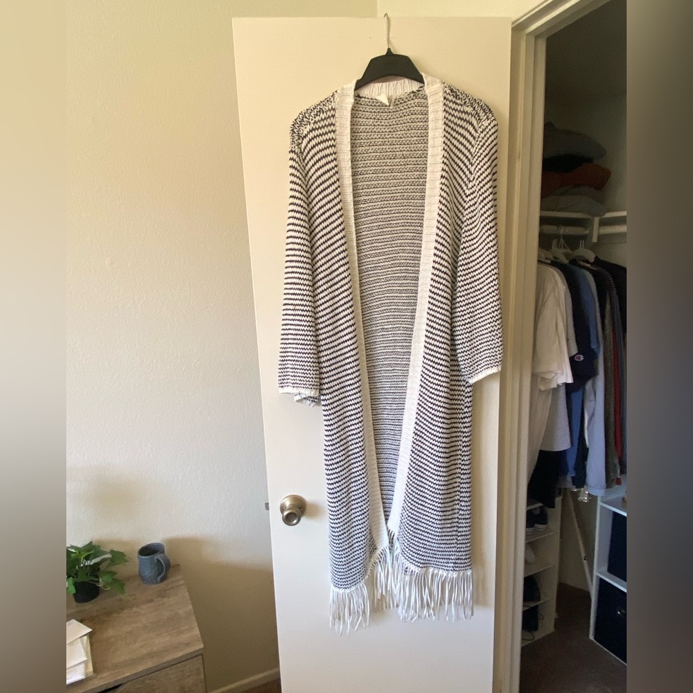 Anthropologie Striped Black and White Fringe Cardigan